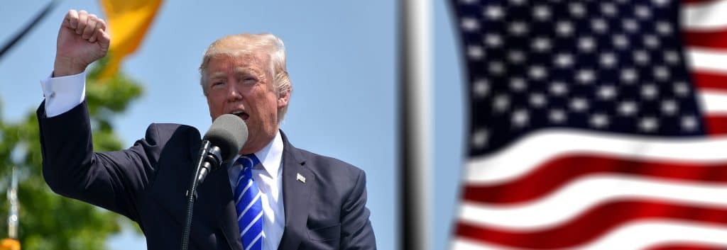 Donald Trump raising a fist next to an American flag